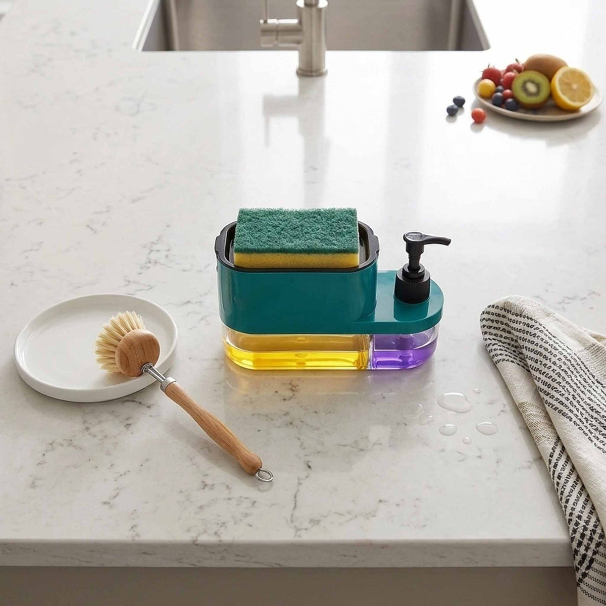 3-in-1 Kitchen Soap Dispenser with Sponge Holder โ One-Hand Press Dishwashing Liquid Pump