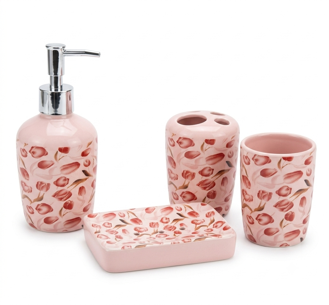 4-Piece Ceramic Bathroom Accessory Set β Soap Dispenser, Toothbrush Holder, Tumbler & Soap Dish