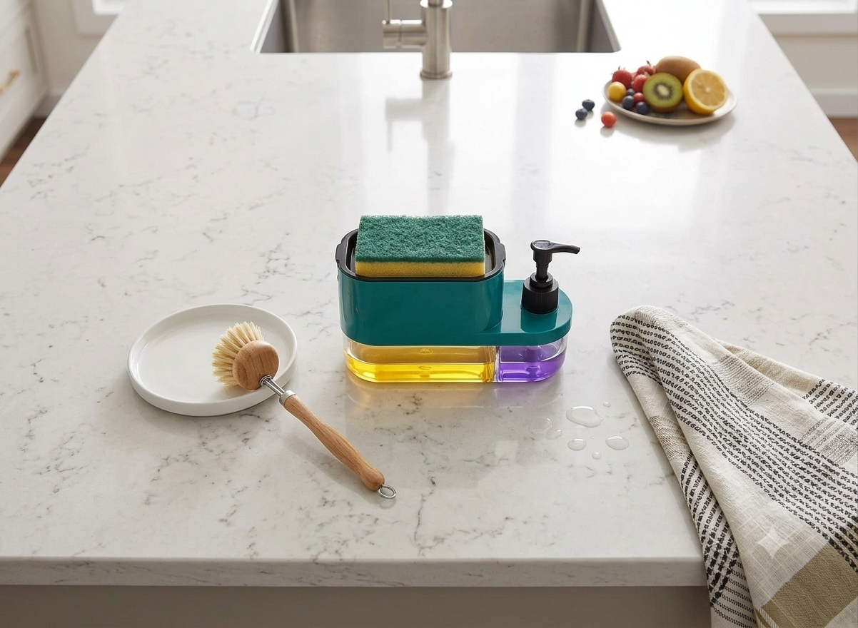 3-in-1 Kitchen Soap Dispenser with Sponge Holder โ One-Hand Press Dishwashing Liquid Pump