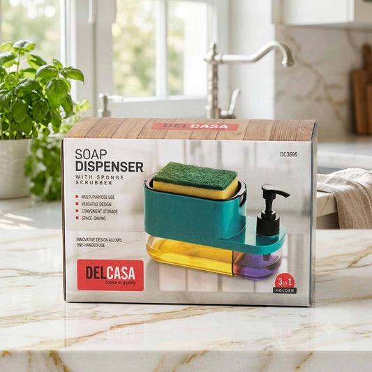 3-in-1 Kitchen Soap Dispenser with Sponge Holder – One-Hand Press Dishwashing Liquid Pump