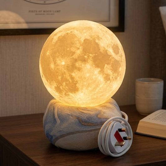 3D Moon Lamp – LED Night Light with Wooden Base | Warm White Decorative Bedside Lamp