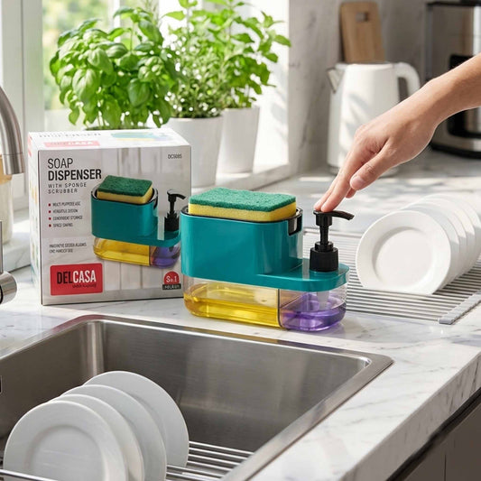 3-in-1 Kitchen Soap Dispenser with Sponge Holder – One-Hand Press Dishwashing Liquid Pump