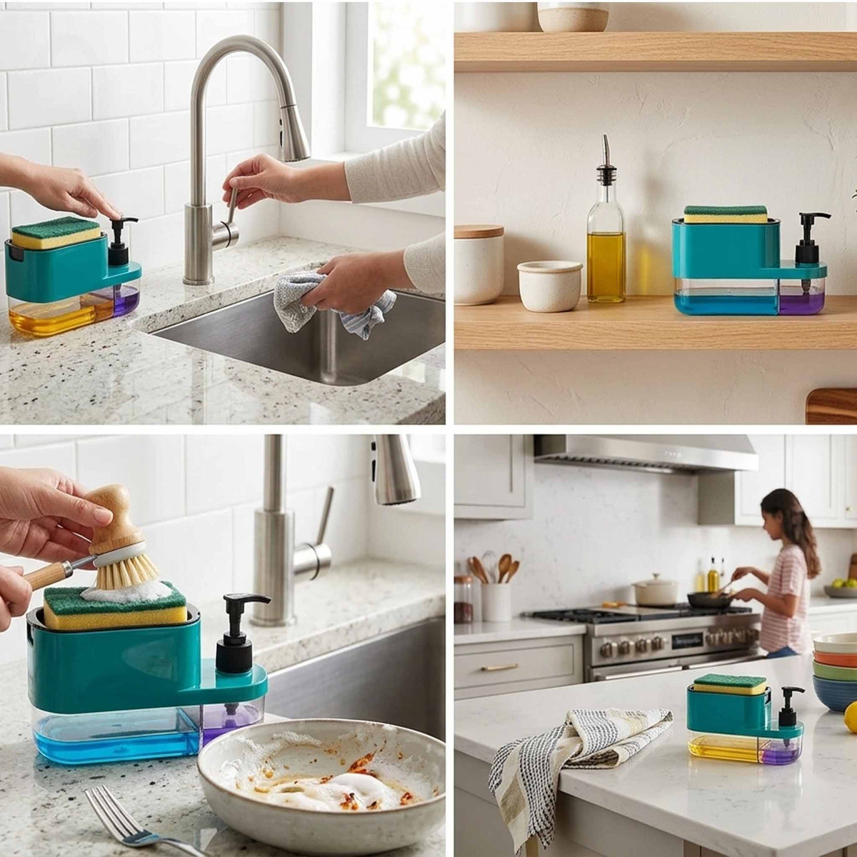3-in-1 Kitchen Soap Dispenser with Sponge Holder – One-Hand Press Dishwashing Liquid Pump