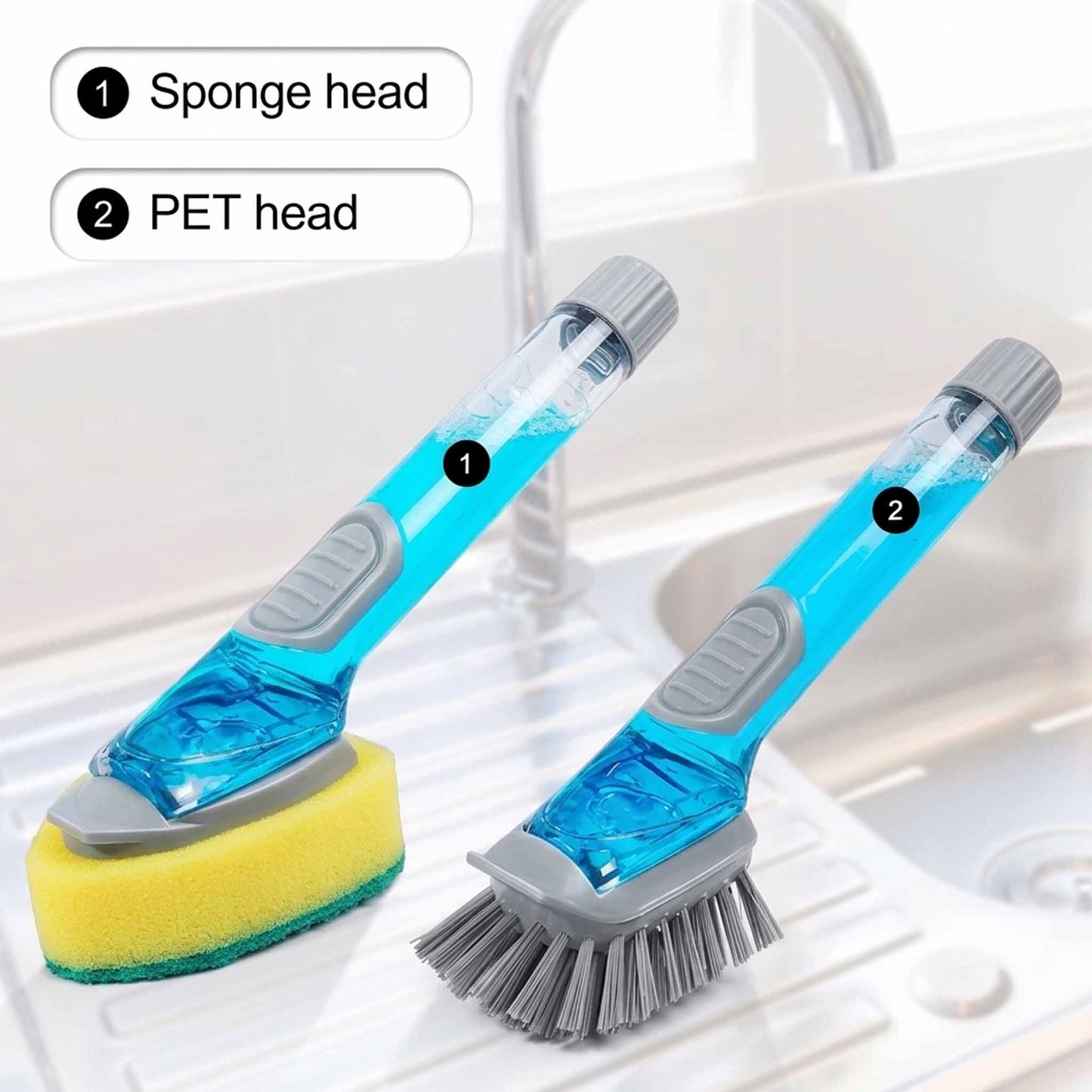 2-in-1 Soap Dispensing Dish Scrubber Brush with Refillable Handle | Replaceable Sponge & Bristle Heads | Kitchen Cleaning Brush