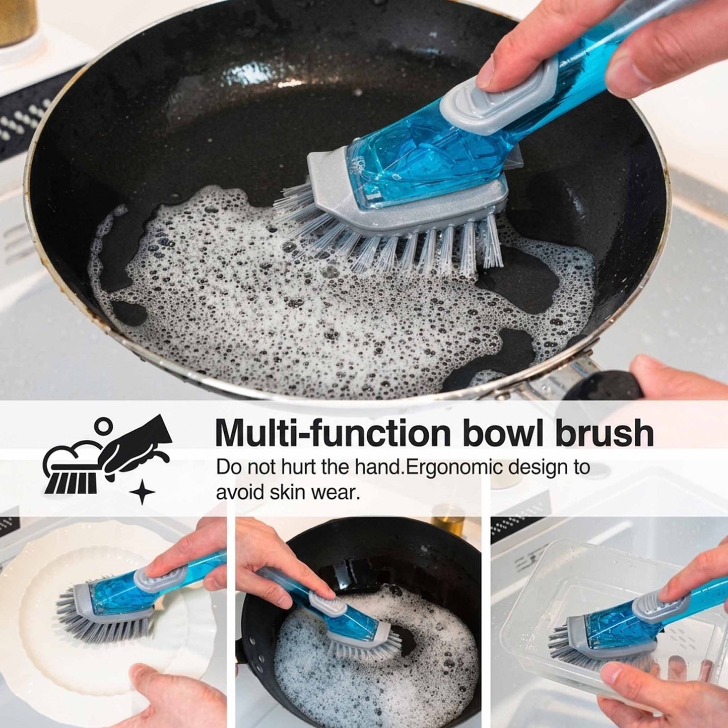 2-in-1 Soap Dispensing Dish Scrubber Brush with Refillable Handle | Replaceable Sponge & Bristle Heads | Kitchen Cleaning Brush