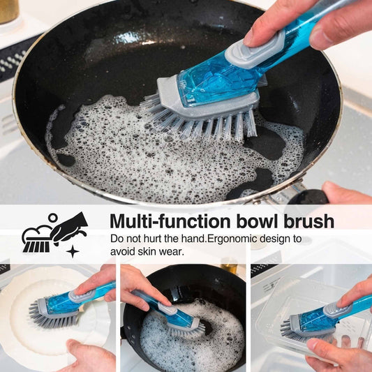 2-in-1 Soap Dispensing Dish Scrubber Brush with Refillable Handle | Replaceable Sponge & Bristle Heads | Kitchen Cleaning Brush