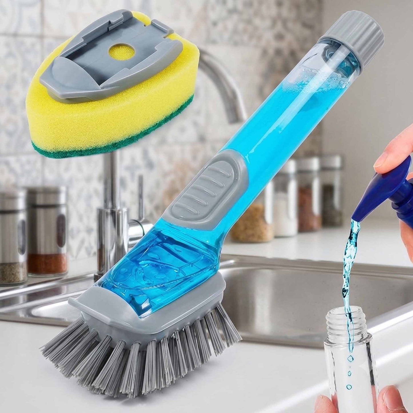 2-in-1 Soap Dispensing Dish Scrubber Brush with Refillable Handle | Replaceable Sponge & Bristle Heads | Kitchen Cleaning Brush
