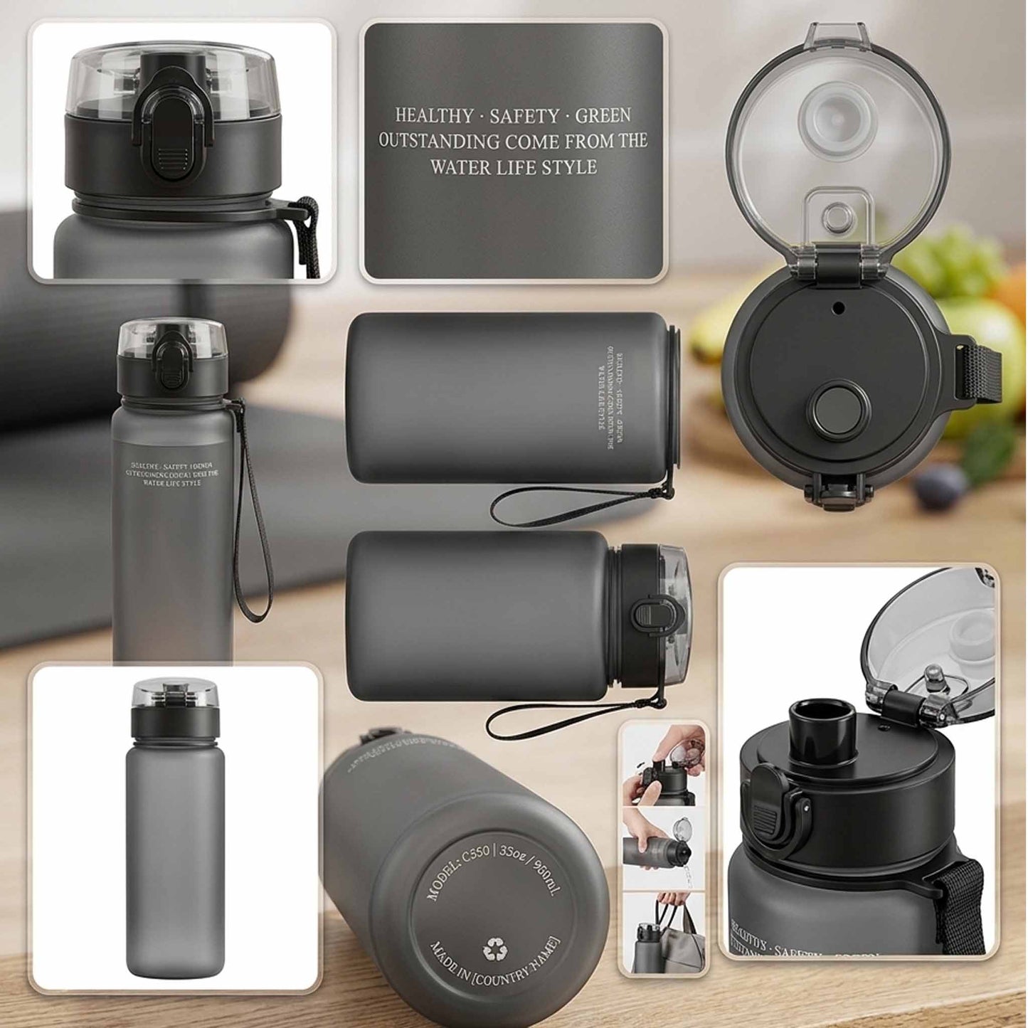 Stainless Steel Water Bottle with Leak-Proof Lid & Carry Strap –  for Travel, Gym & Outdoor Use