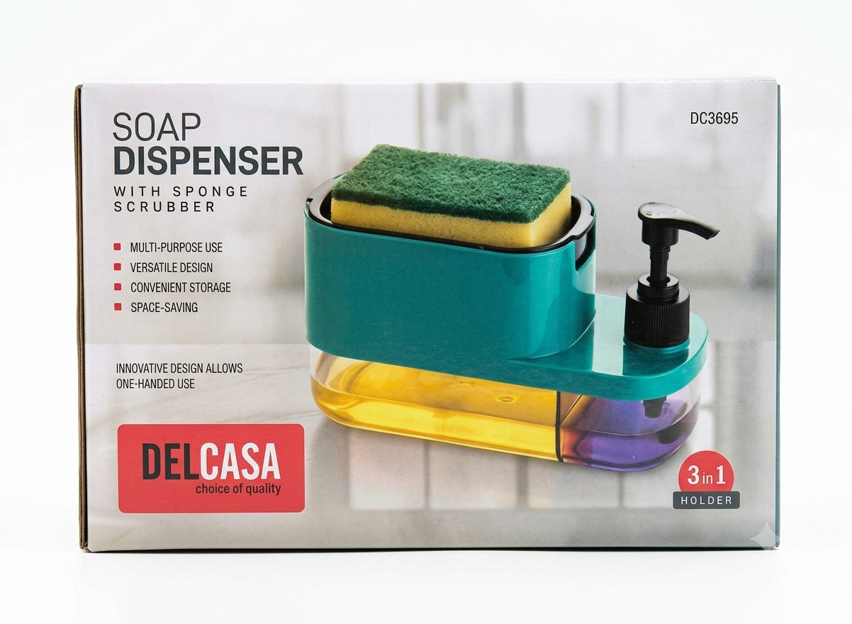 3-in-1 Kitchen Soap Dispenser with Sponge Holder – One-Hand Press Dishwashing Liquid Pump