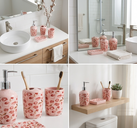 4-Piece Ceramic Bathroom Accessory Set – Soap Dispenser, Toothbrush Holder, Tumbler & Soap Dish