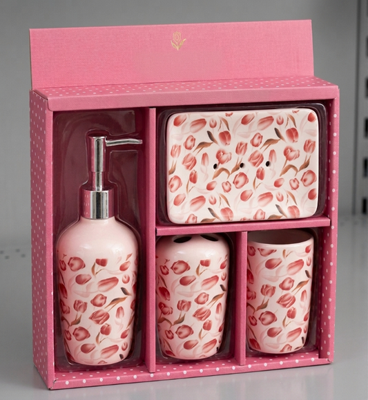 4-Piece Ceramic Bathroom Accessory Set – Soap Dispenser, Toothbrush Holder, Tumbler & Soap Dish