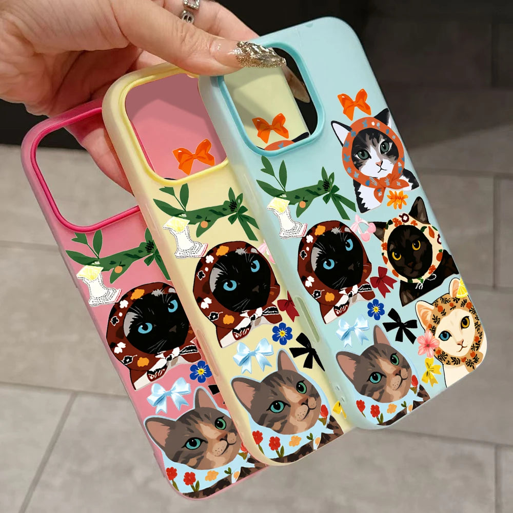Fashion Cool Cloth Cat Pattern Phone Case For iPhone 11 12 13 Pro 14 15 16 17 Pro Max X XS 7 8 Plus ShockProof Candy Color Cover