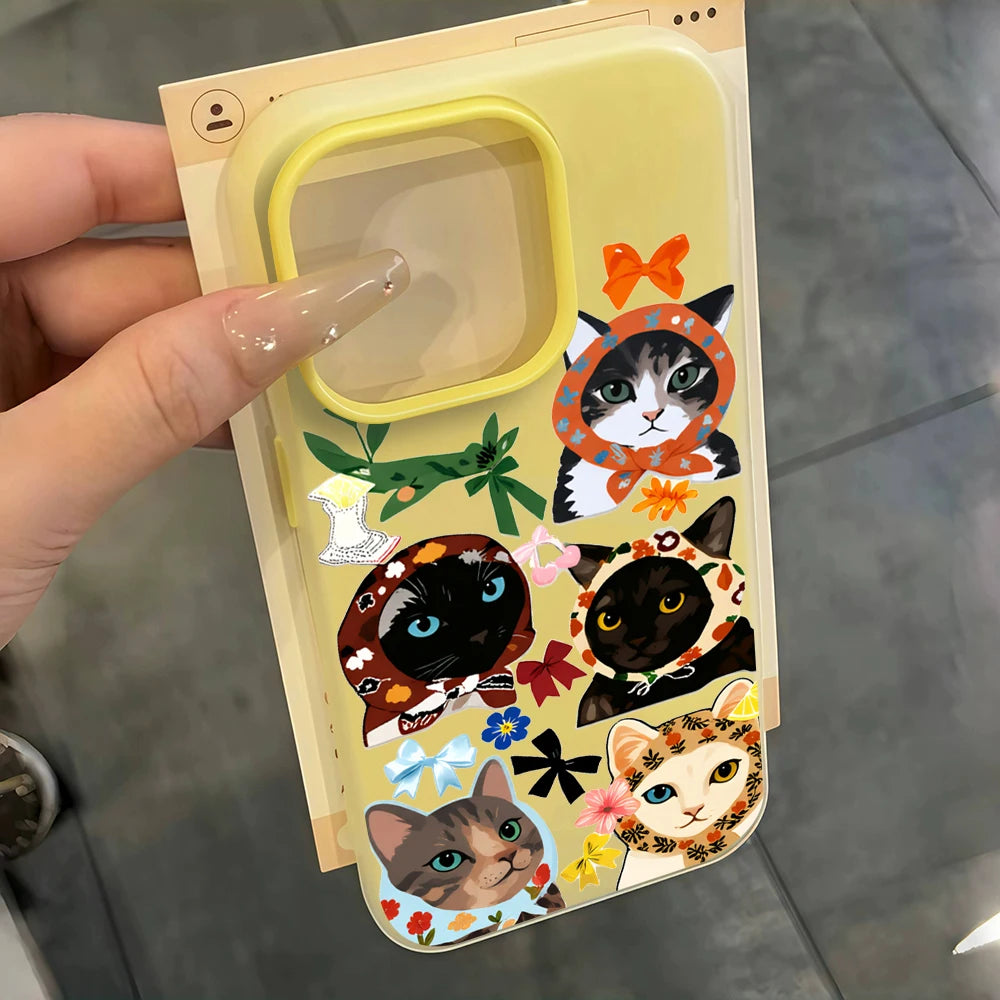 Fashion Cool Cloth Cat Pattern Phone Case For iPhone 11 12 13 Pro 14 15 16 17 Pro Max X XS 7 8 Plus ShockProof Candy Color Cover
