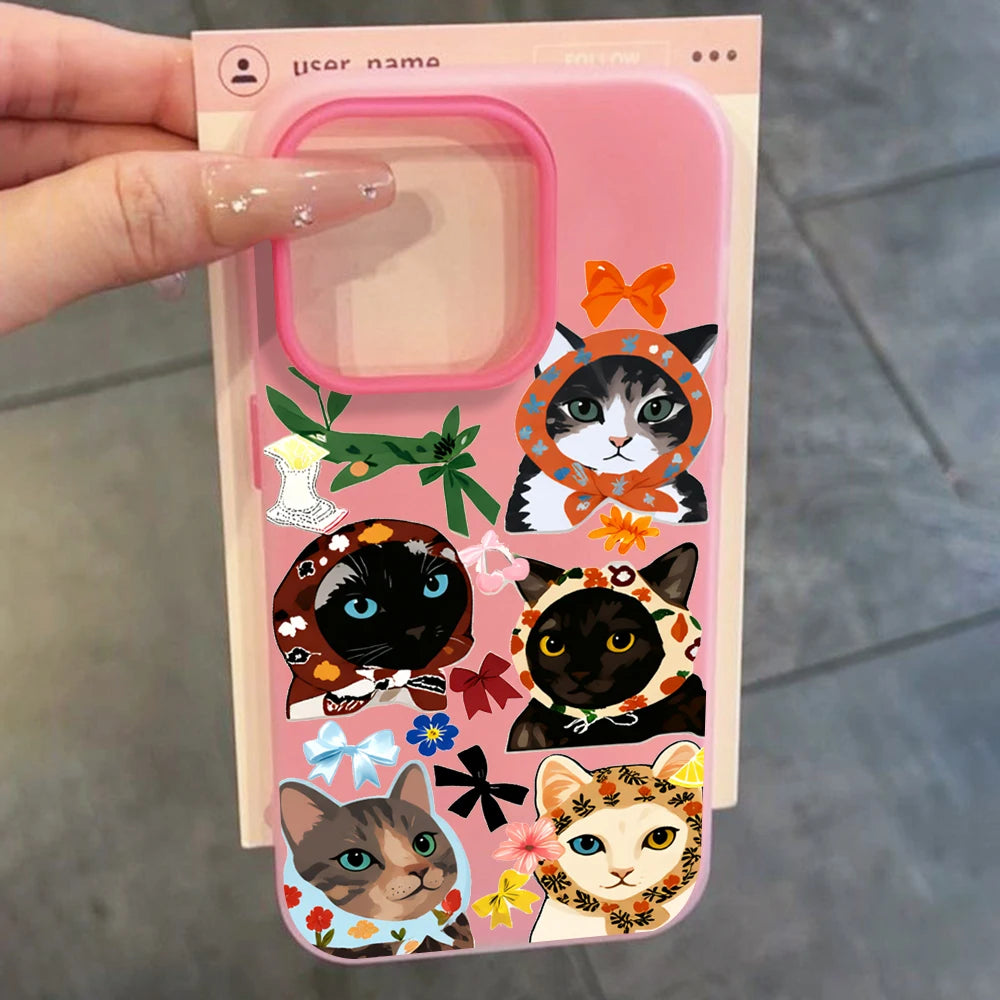 Fashion Cool Cloth Cat Pattern Phone Case For iPhone 11 12 13 Pro 14 15 16 17 Pro Max X XS 7 8 Plus ShockProof Candy Color Cover