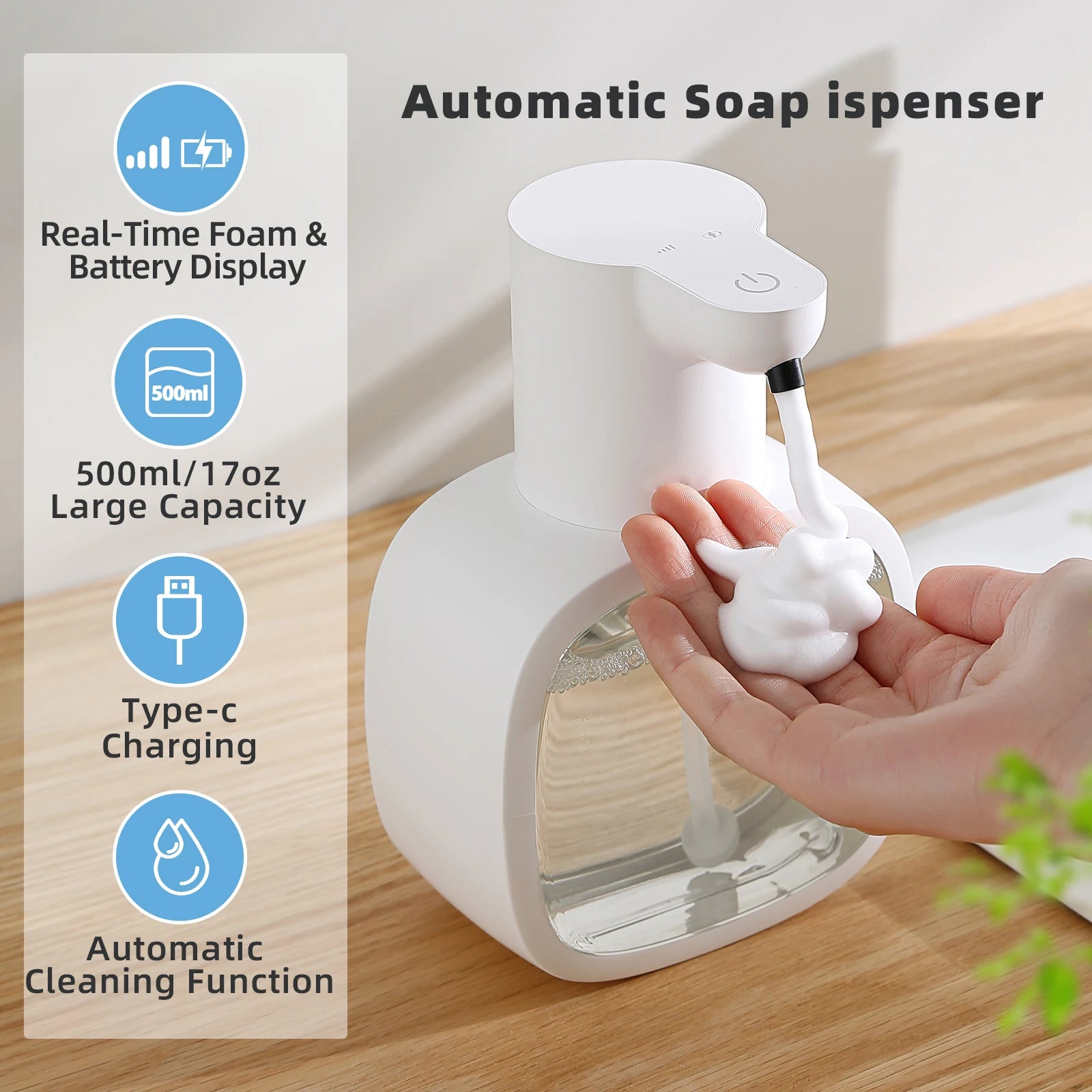 Wall Mounted Automatic Soap Dispenser 500ml Liquid Rechargeable Bathroom Induction Sensor