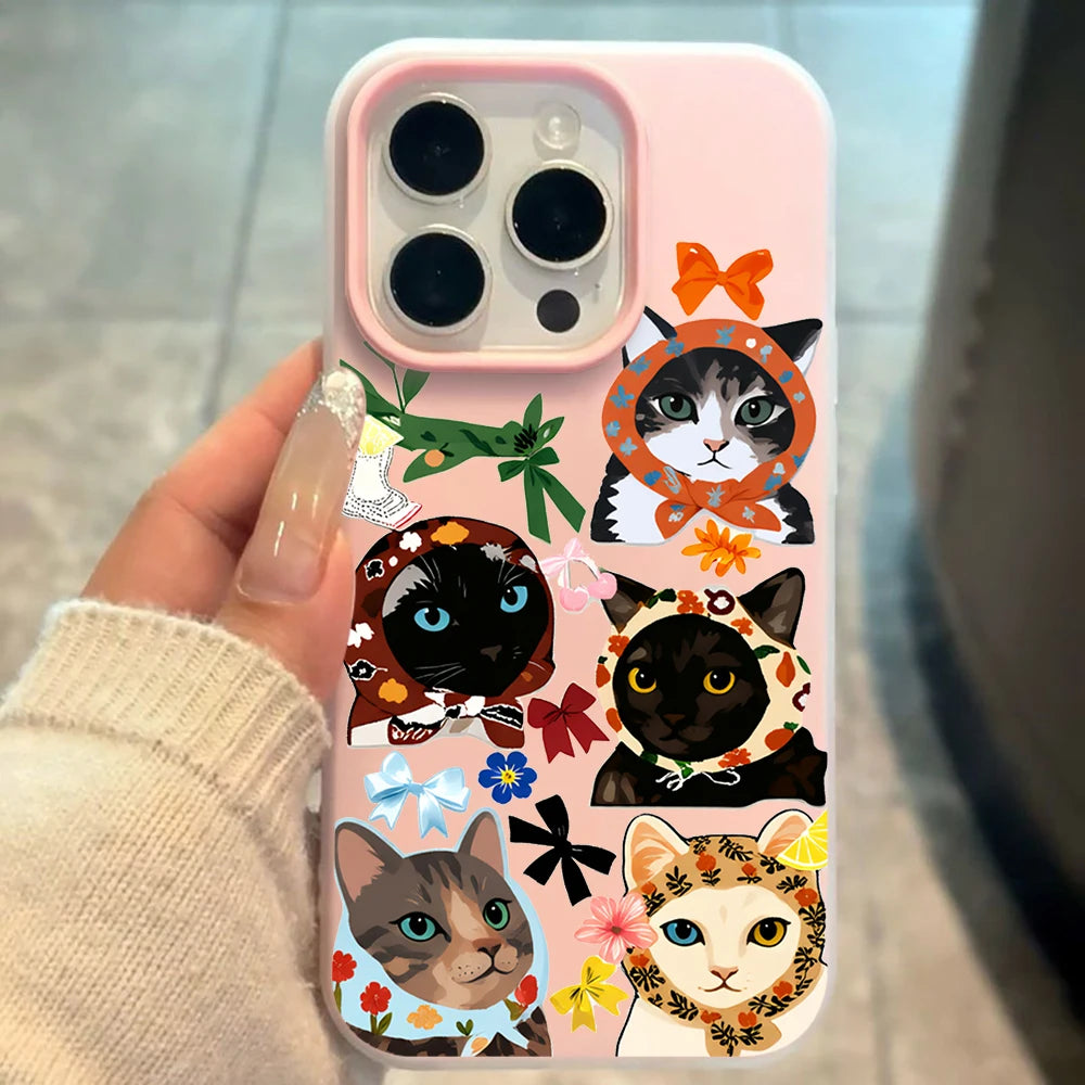 Fashion Cool Cloth Cat Pattern Phone Case For iPhone 11 12 13 Pro 14 15 16 17 Pro Max X XS 7 8 Plus ShockProof Candy Color Cover