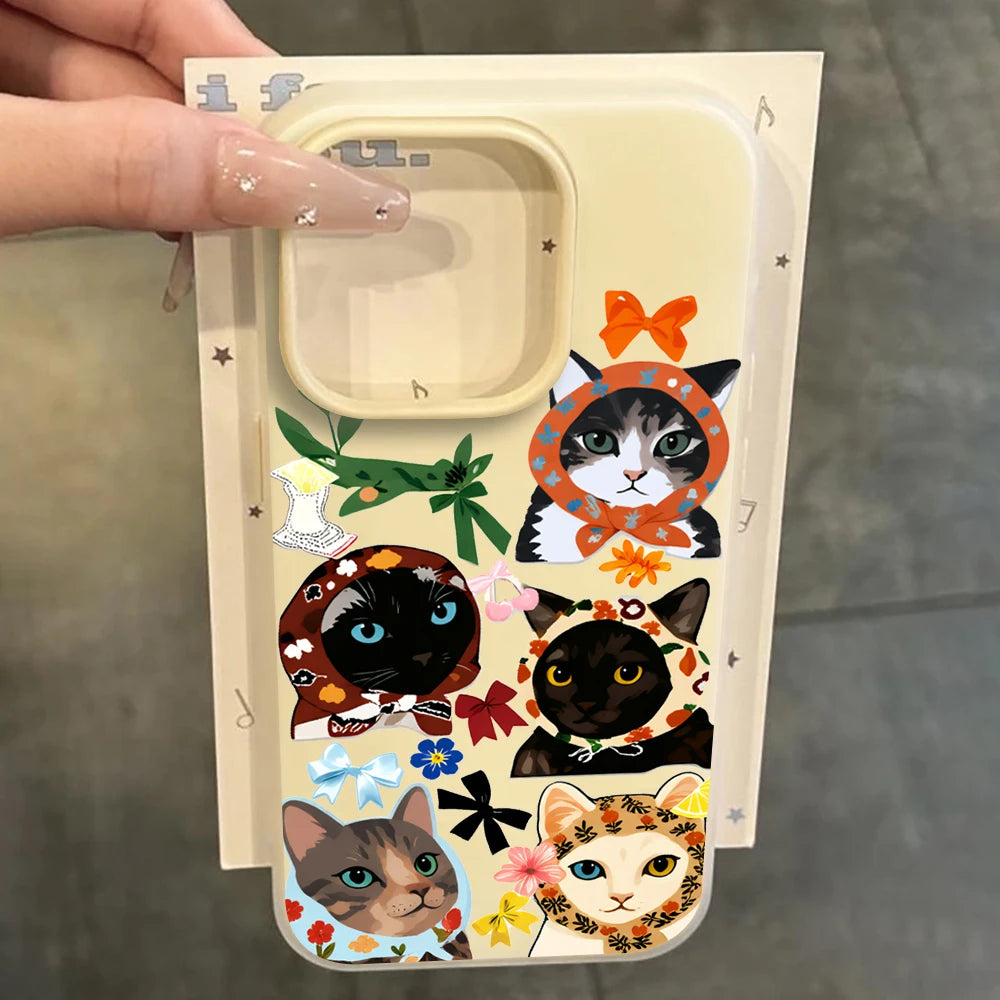 Fashion Cool Cloth Cat Pattern Phone Case For iPhone 11 12 13 Pro 14 15 16 17 Pro Max X XS 7 8 Plus ShockProof Candy Color Cover