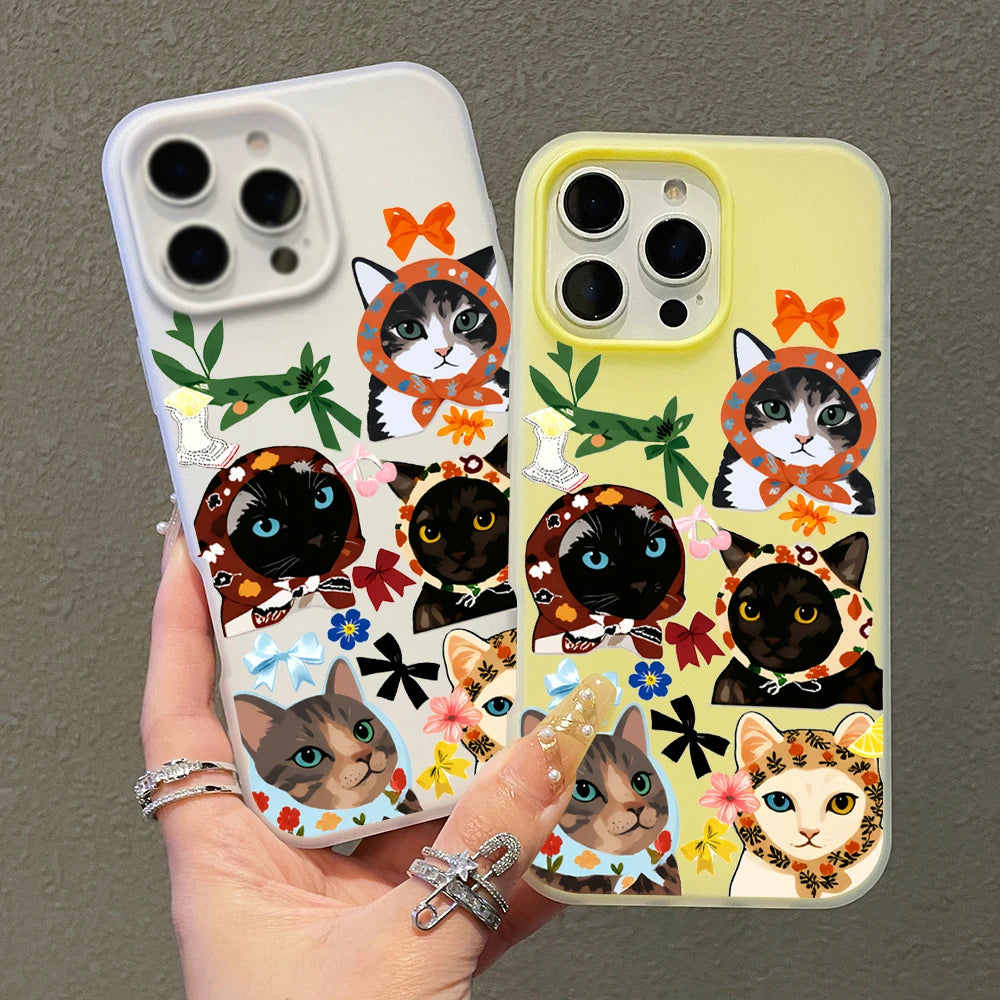 Fashion Cool Cloth Cat Pattern Phone Case For iPhone 11 12 13 Pro 14 15 16 17 Pro Max X XS 7 8 Plus ShockProof Candy Color Cover