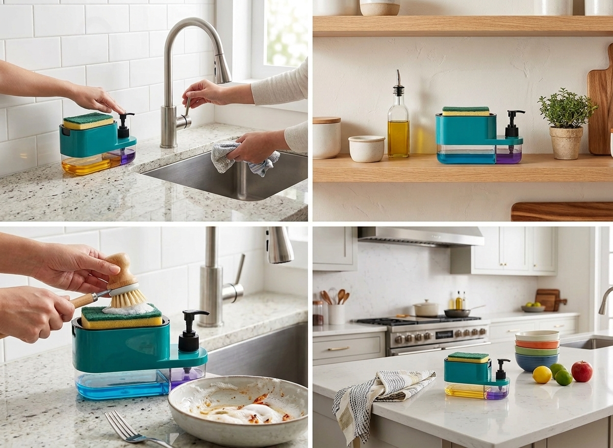 3-in-1 Kitchen Soap Dispenser with Sponge Holder – One-Hand Press Dishwashing Liquid Pump